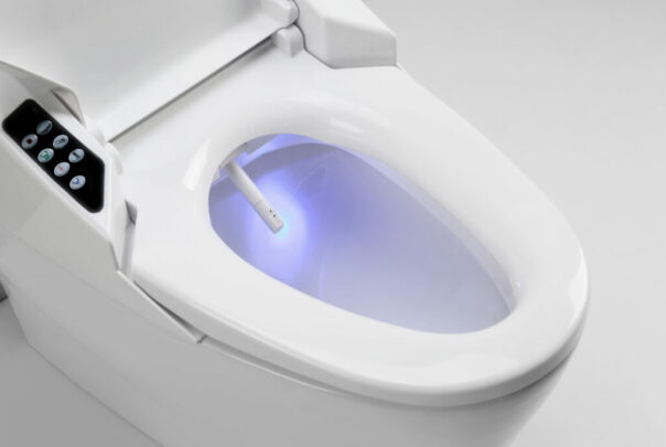 Toilet bowl with electronic high technology. Blue light in toile